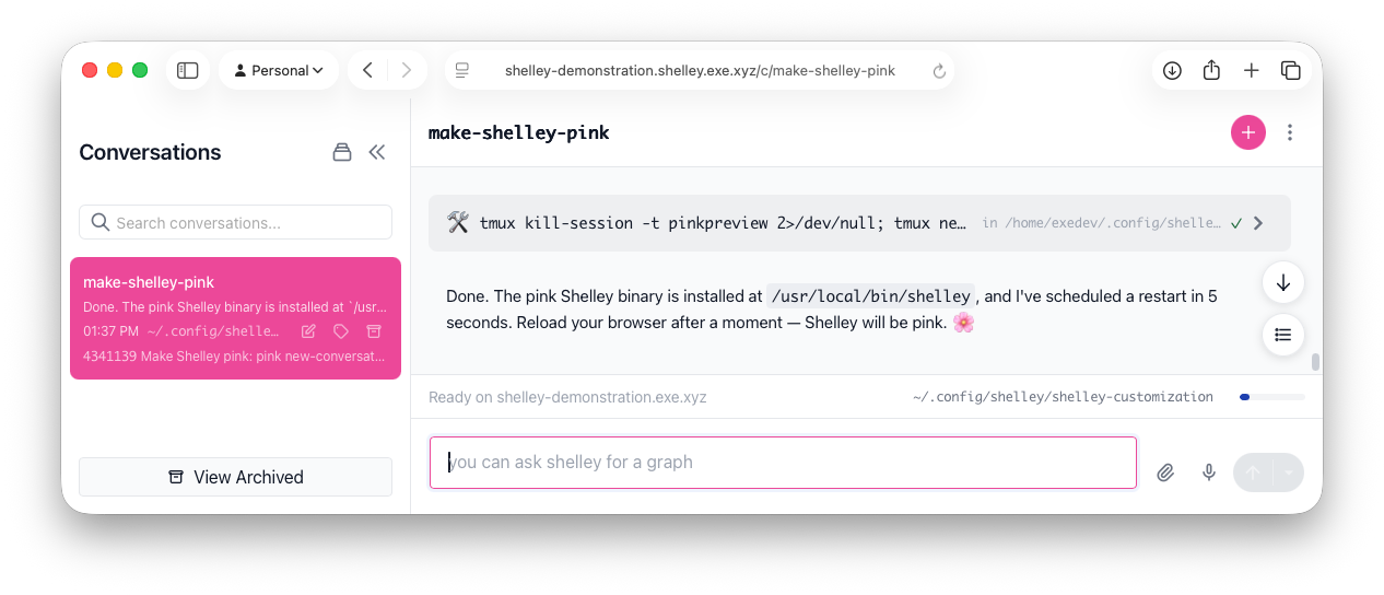Shelley reports the pink binary is installed and a restart is scheduled.