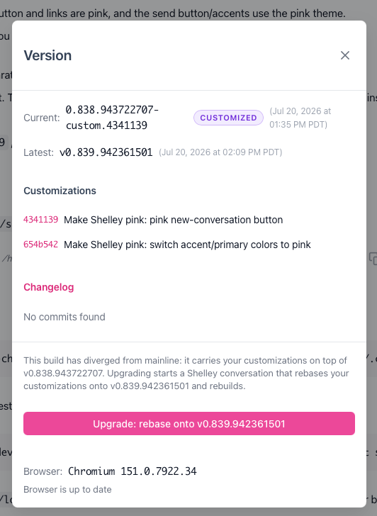 Shelley's Version dialog showing a CUSTOMIZED build with an 'Upgrade: rebase onto latest' button.