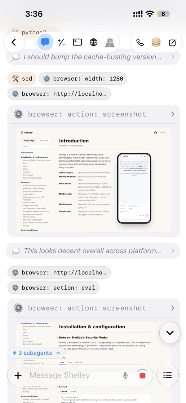 A Shelley conversation in the exe.dev iOS app