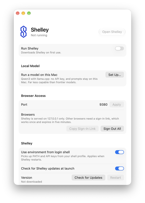 The Shelley Launcher window: Run Shelley, Local Model, Browser Access, and Shelley's update settings.