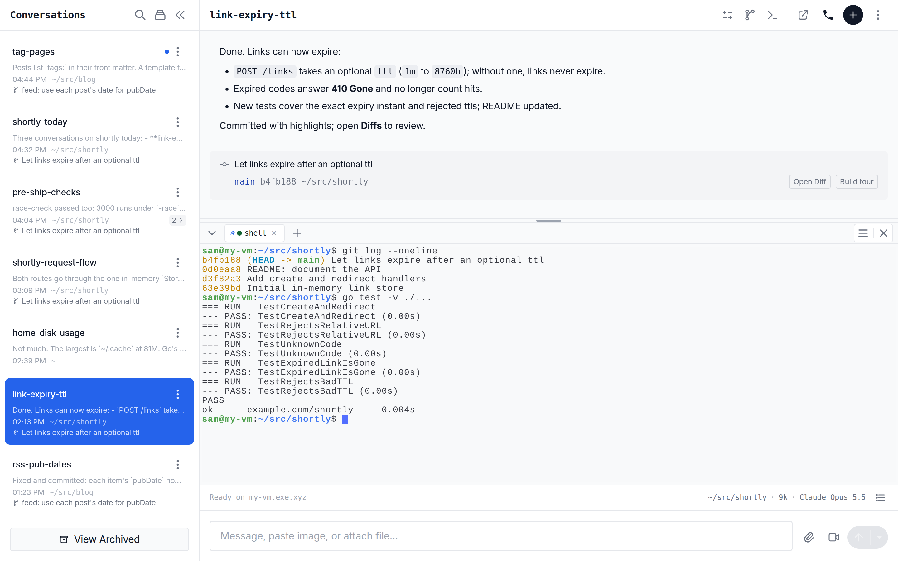 A Shelley conversation with the embedded terminal docked below it, running git log and go test in the project.